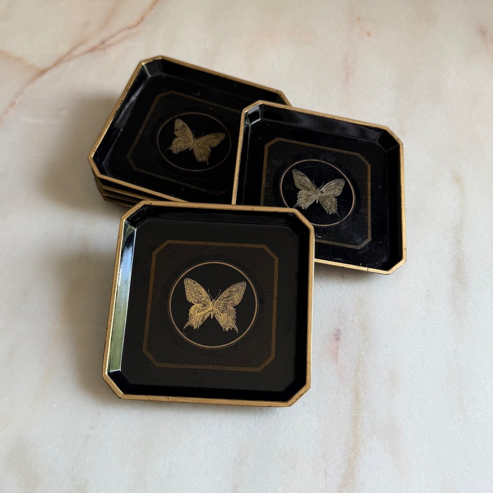 Vintage Otagiri Papillon Lacquer Coasters Set of 6 Black Gold Butterfly Japan